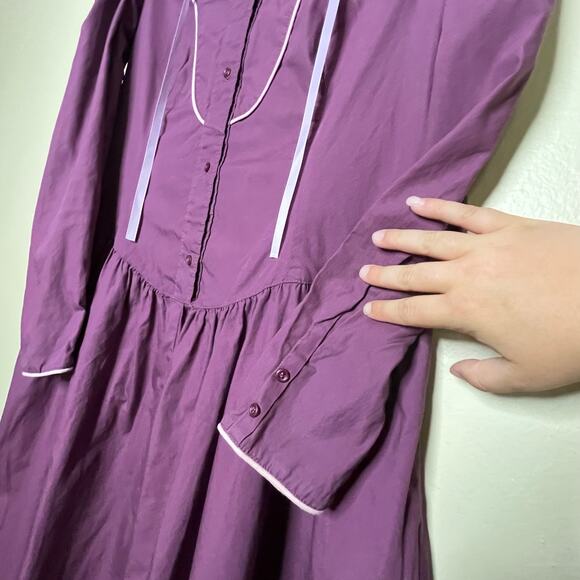Vintage 70s Prairie Cottage Core Purple Collared Piping Pioneer Midi Dress Med - Picture 8 of 10